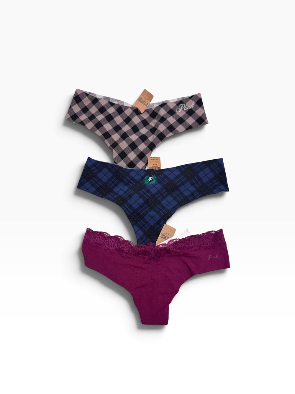 PINK Victoria's Secret Thongs - Pink Plaid, Navy Plaid, Berry Lace MEDIUM